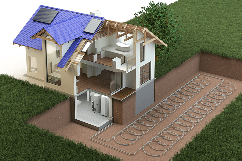 Two story home diagram with facing removed to illustrate the basic concept of geothermal heat pumps.