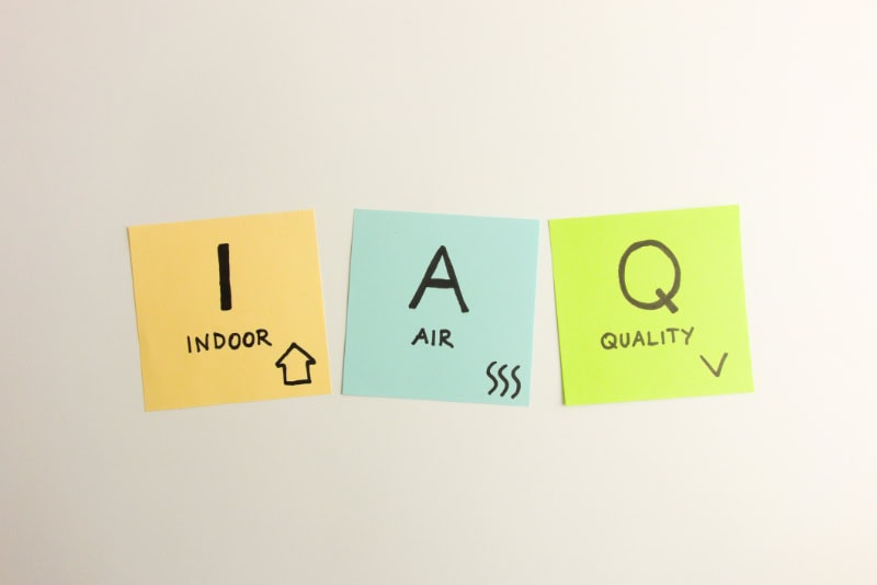 Best Indoor Air Quality (IAQ) Products for Hot Summer Weather. IAQ indoor air quality acronym handwritten on sticky notes isolated on white background.